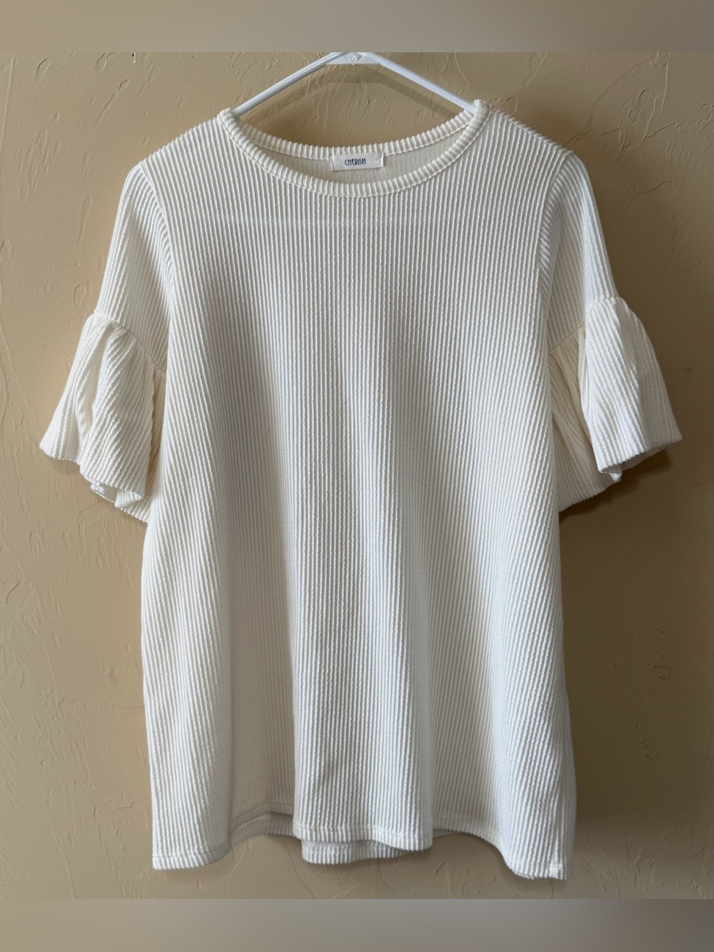 Cherish Cream Ribbed Ruffle Sleeve Tee